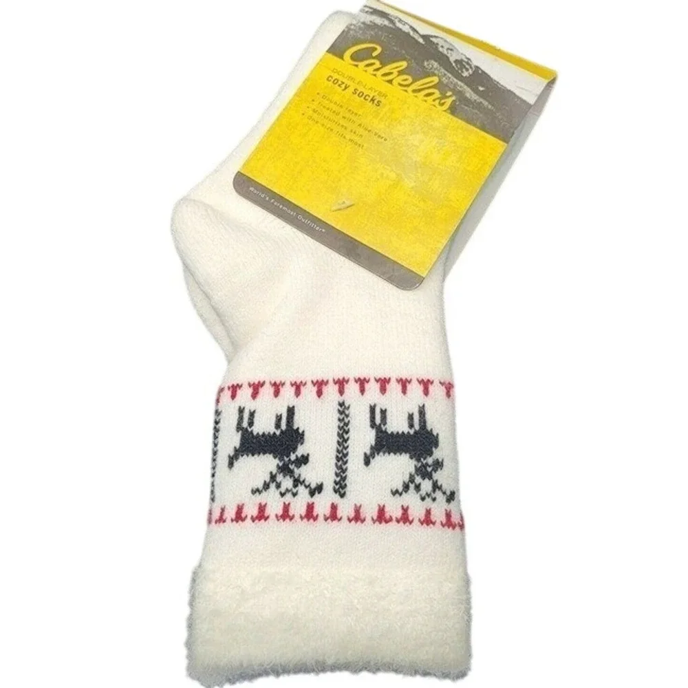 Cabelas Double Layer Cozy Socks Womens One Size White Reindeer Aloe Infused 7in